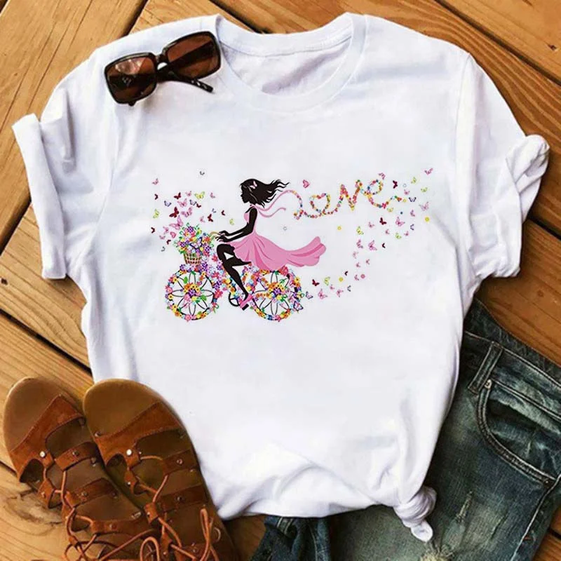 Bicycle with Sunflower Women Tshirt Summer Harajuku Short Sleeve White T Shirts Cartoon Casual Woman Tops Tees