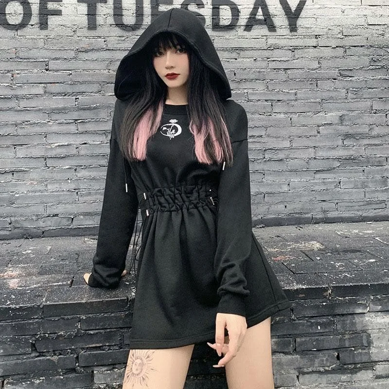 Gothic Moon Rose Embroidery Drawstring Hoodie Dress SP15301