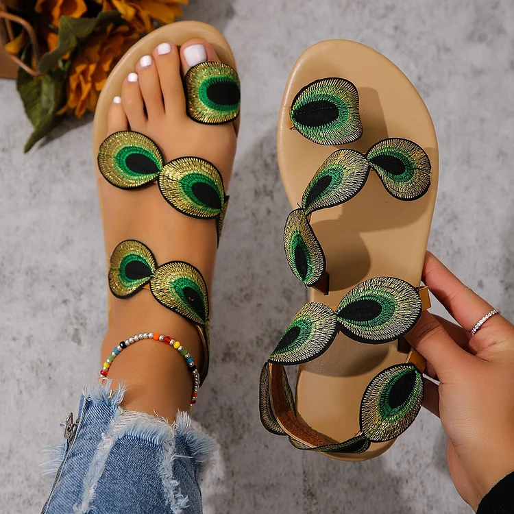 Peacock Feather Embroidery Casual Beach Sandals