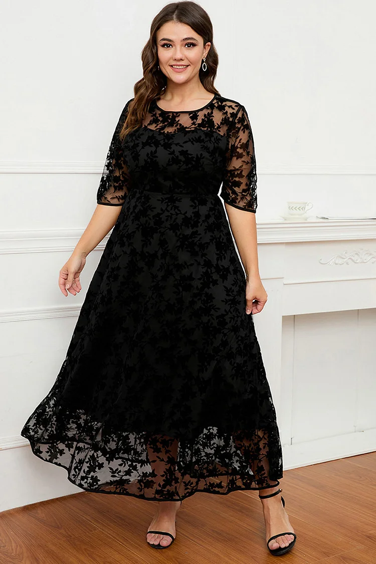 Flycurvy Plus Size Formal Black Lace Flocking Mesh Velvet Double Layer Tunic Maxi Dress