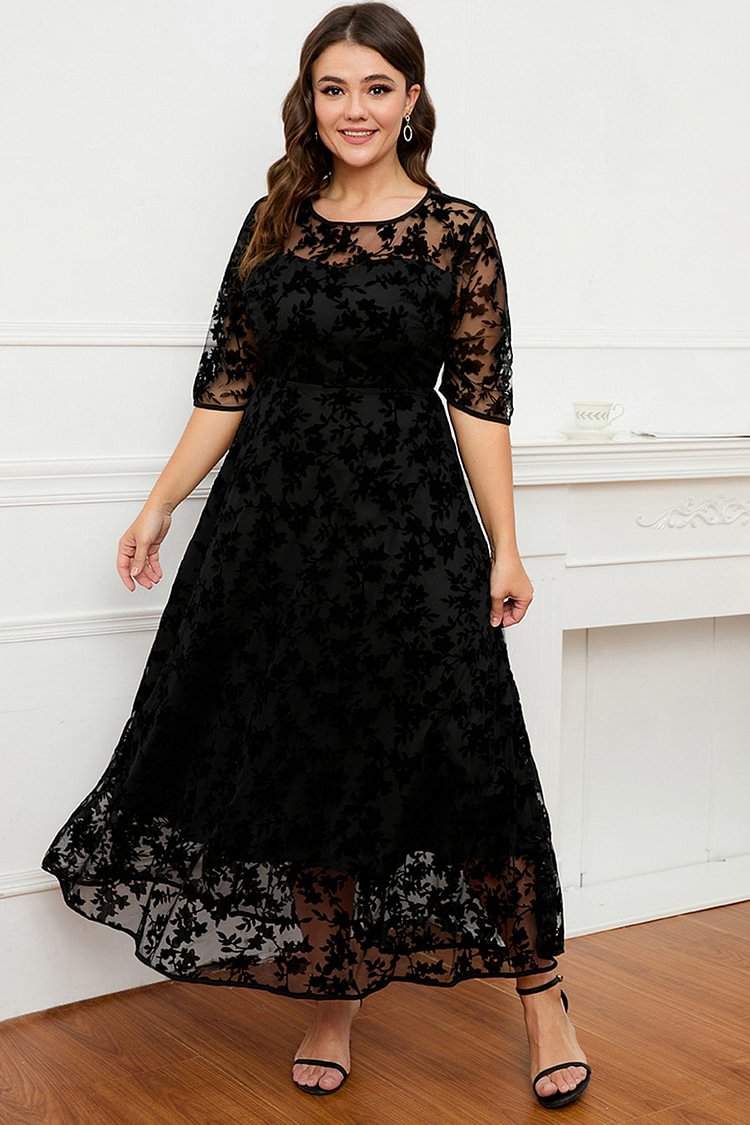 Flycurvy Plus Size Formal Black Lace Embroidery Double Layer Tunic Maxi Dress  Flycurvy [product_label]