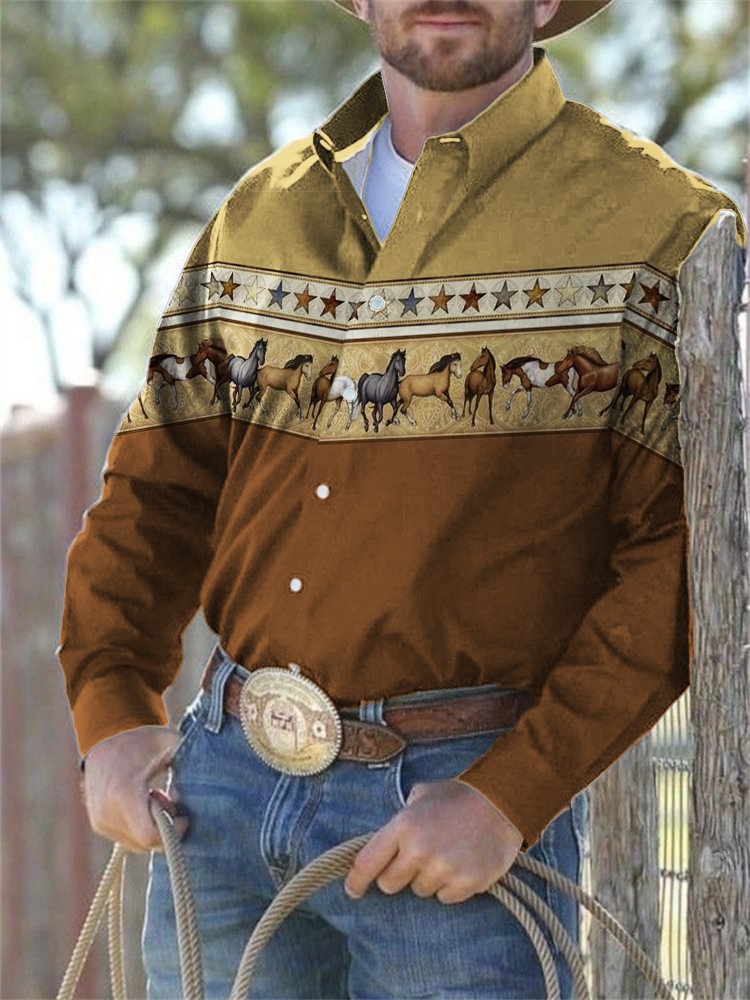 Western Horse Printed Colorblock Casual Shirt