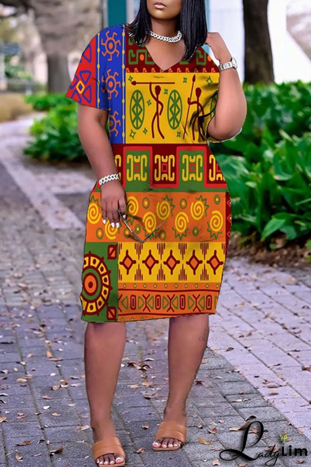 Purple Yellow Casual Print Split Joint V Neck Straight Dresses