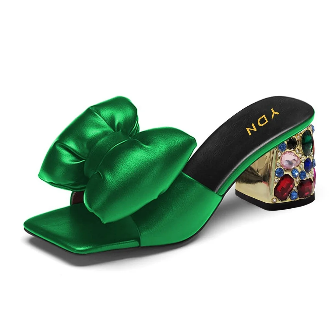 Square Toe Decorative Heel Bow Rhinestone Mules Shoes in Green
