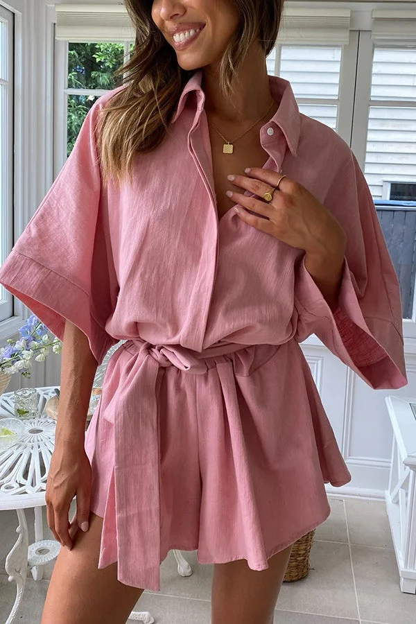 Lazy Daily Life Linen Blend Button Down Belted Relaxed Romper