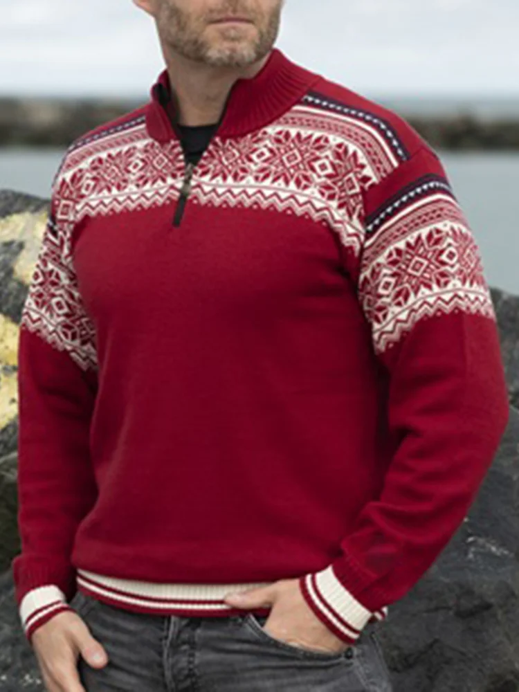 Vintage Warmth Bordeaux Knit Jacquard Icelandic Half Zip Collar Sweater（Unisex ）