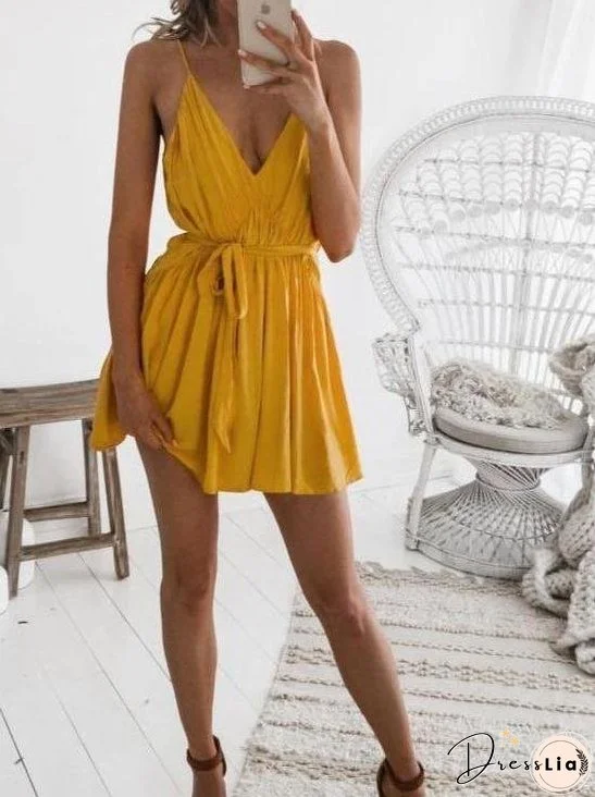 V-neck Sling Pleated Belt Dress for Women
