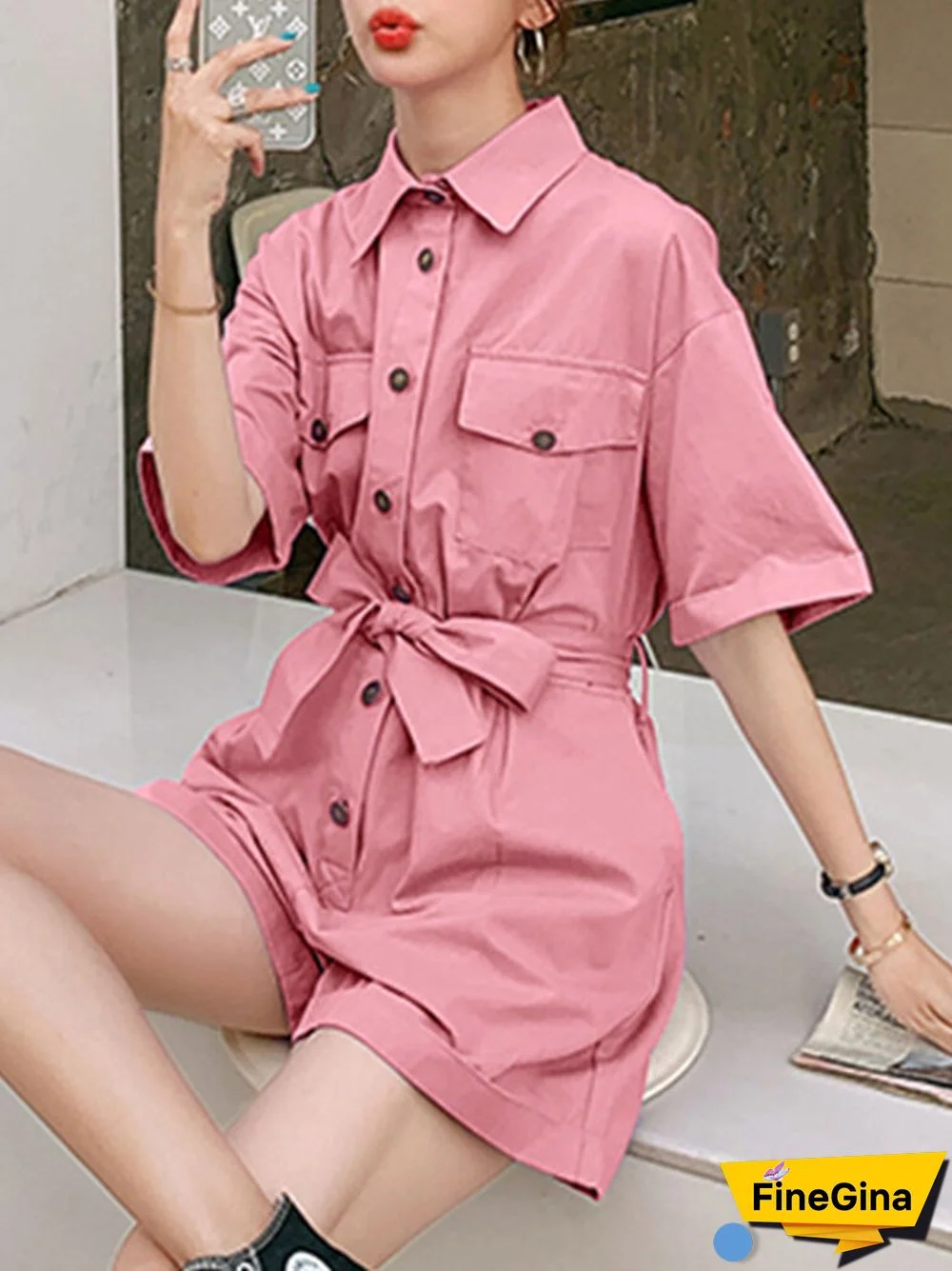 Solid Pocket Button Lapel Short Sleeve Wide Leg Cargo Romper