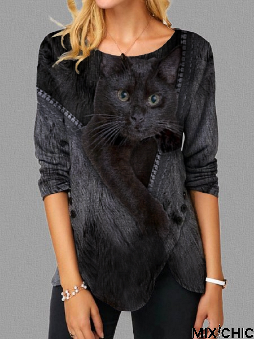 Crew Neck Long Sleeve Cat Tunic Top