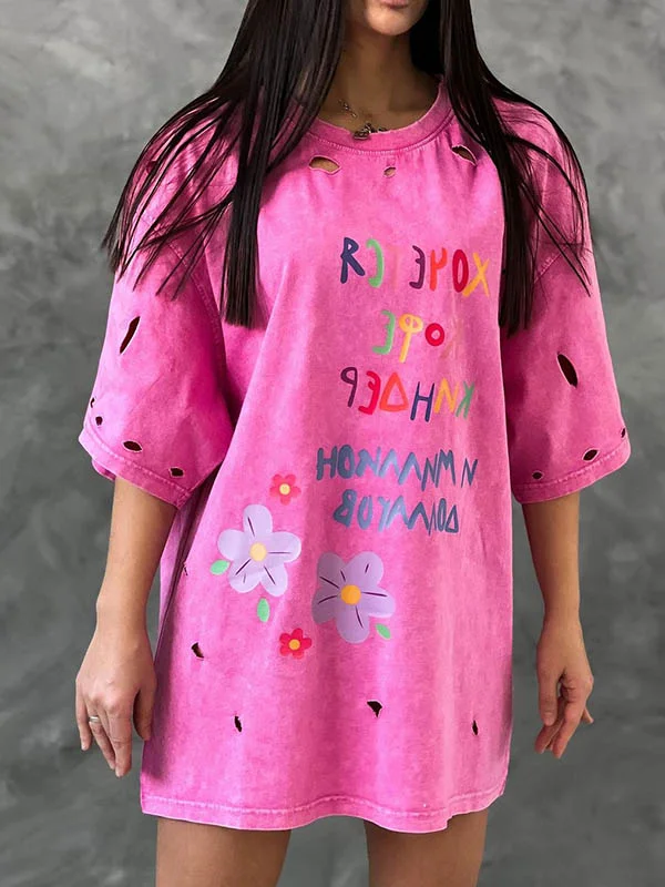 Printed Ripped Half Sleeves Loose Round-neck T-shirts