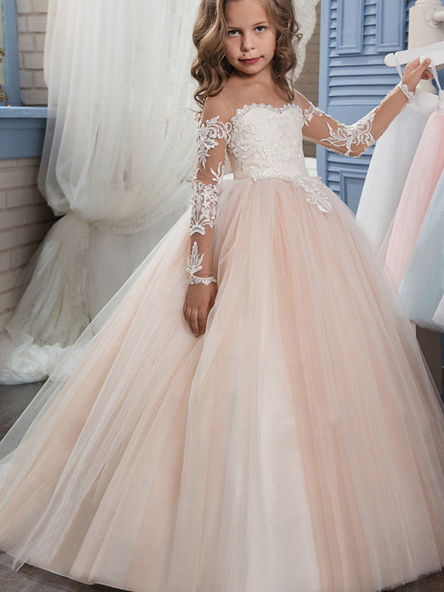 Oknass Ball Gown Long Sleeve Off Shoulder Flower Girl Dress Lace Tulle With Lace  Embroidery  Appliques