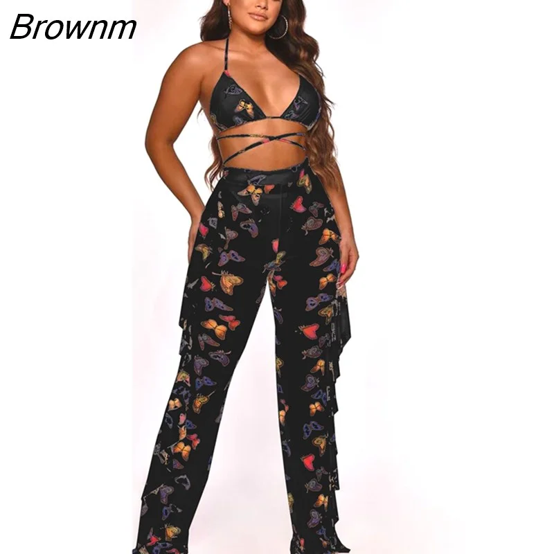 Brownm Tie Dye Print Mesh Summer Beach Two Piece Set with Panties Women Sexy Bra Halter Crop Top Ruffle Wide Leg Pants Suit