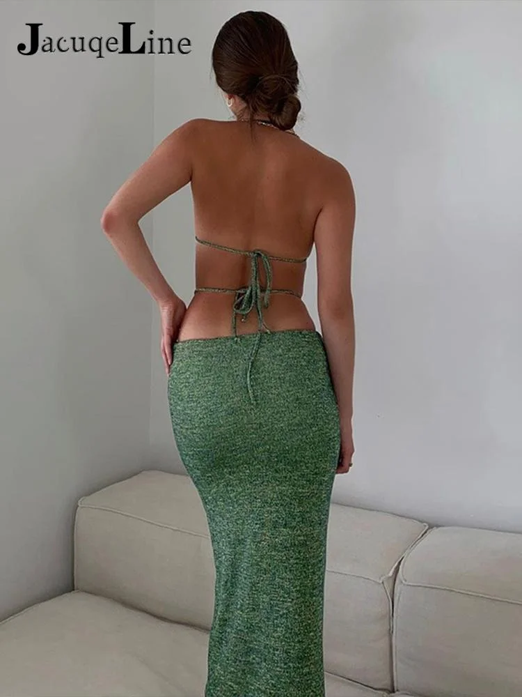 Jacuqeline 2022 Summer Holiday Sexy Halter Tops Midi Skirt Women Elegant Ruched Festival Clothing Two Piece Sets Dress Outfits