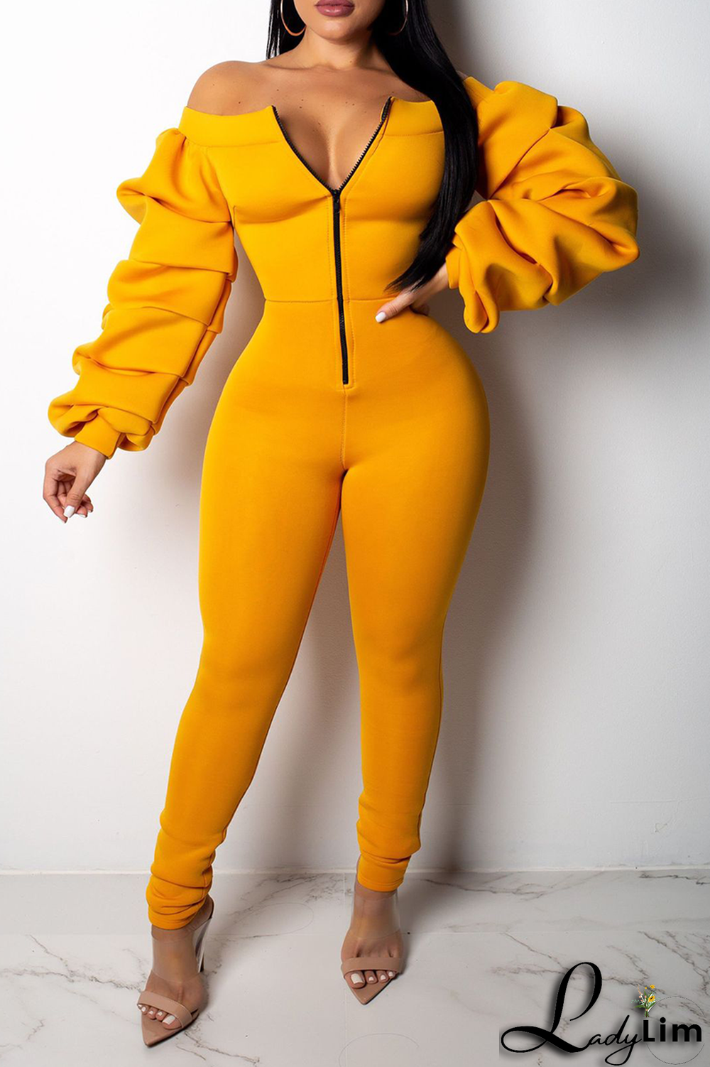 Black Sexy Solid Patchwork Zipper Collar Skinny Jumpsuits