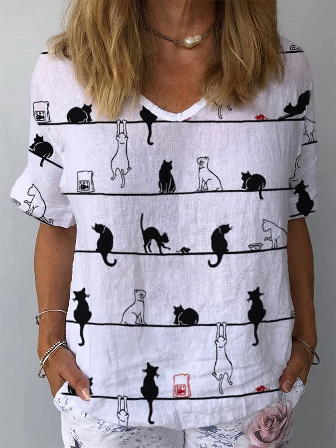 Women's Cotton Linen Cat U Neck Casual Top