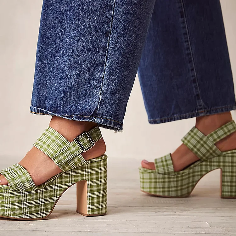 Lightgreen Plaid Chunky Heel Sandal Women's Ankle Strap Platform Shoes |FSJ Shoes