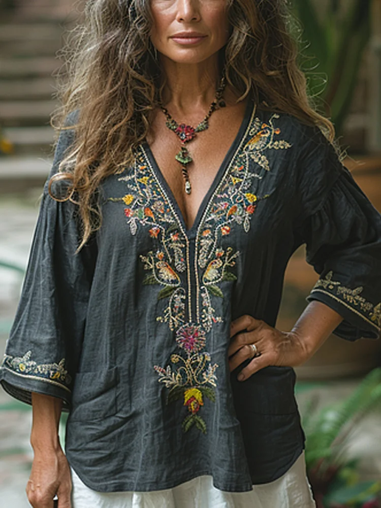 Women's Vintage Linen Bohemian Print Shirt