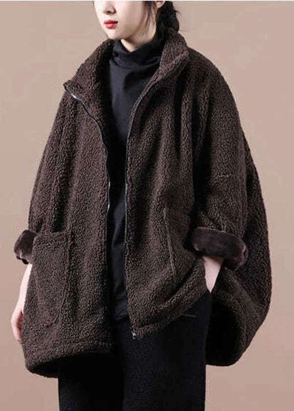 Coffee Warm Teddy Faux Fur Loose Coats Zip Up Solid Batwing Sleeve