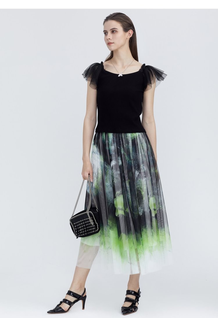 SDEER Personalized elastic contrast dyed mesh long skirt