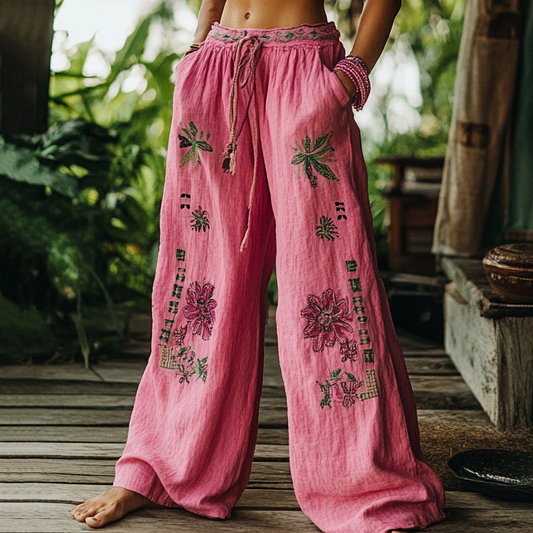 Utbros Vintage Bohemian Floral Art Printed Cotton Linen Wide Leg Pants