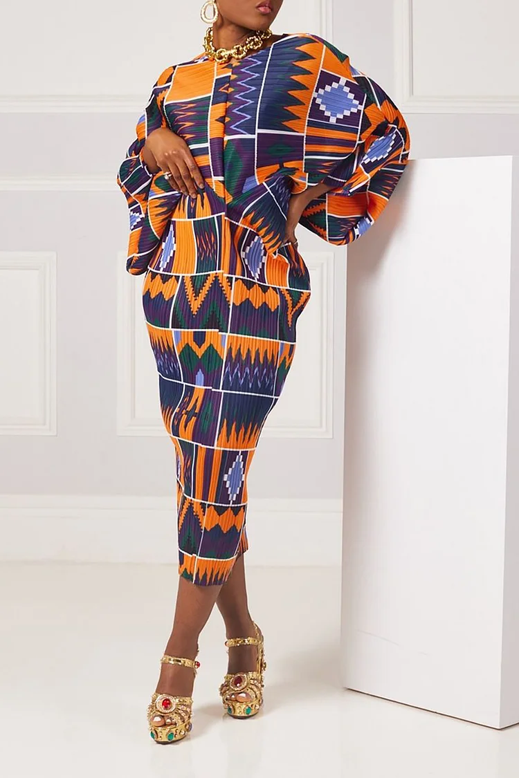 Plus Size Formal Midi Dresses Elegant Multicolor Geometric Fall Winter Puff Sleeve Long Sleeve Cotton Midi Dresses [Pre-Order]