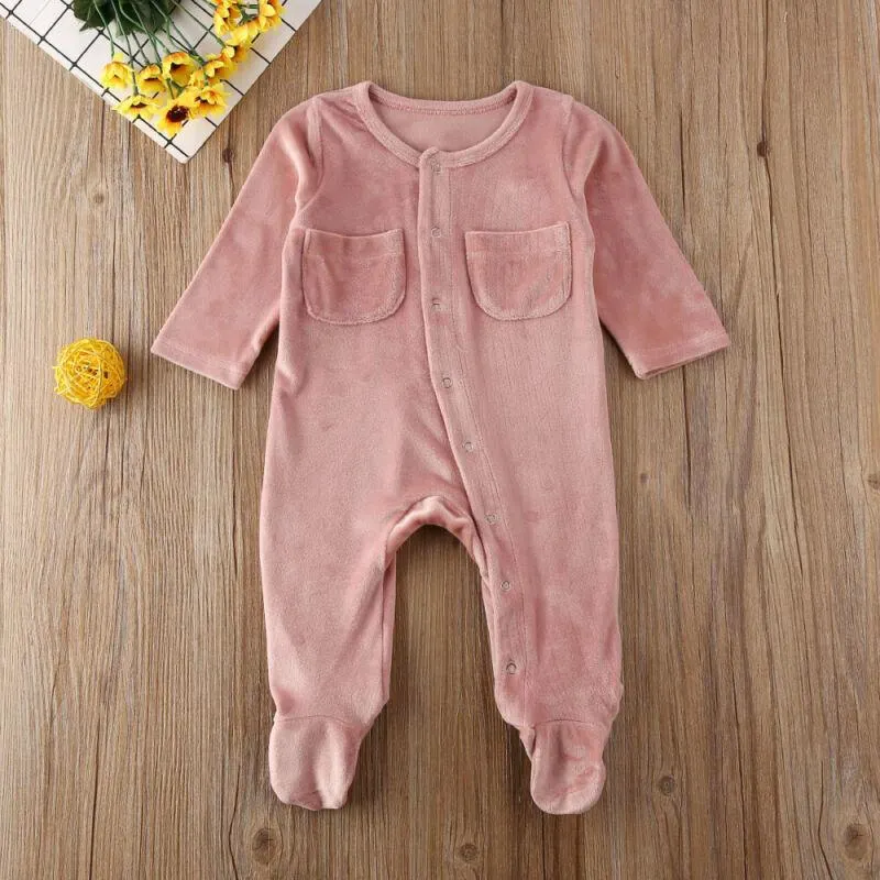 2020 Baby Summer Clothing Newborn Infant Baby Girl Boy Clothes Velvet  Footies Solid Long Sleeve Jumpsuit Outfits 0-18M