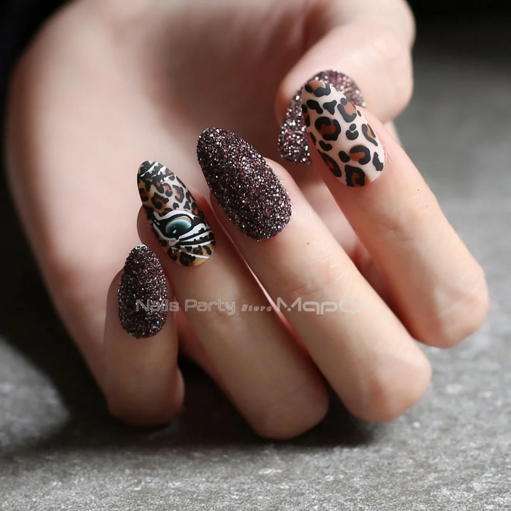 Matte tiger Nail Acrylic Fake nail black box Leopard Accent Press on Nails coffee flash stiletto false nails brown glitter Gold-Nail Inspo