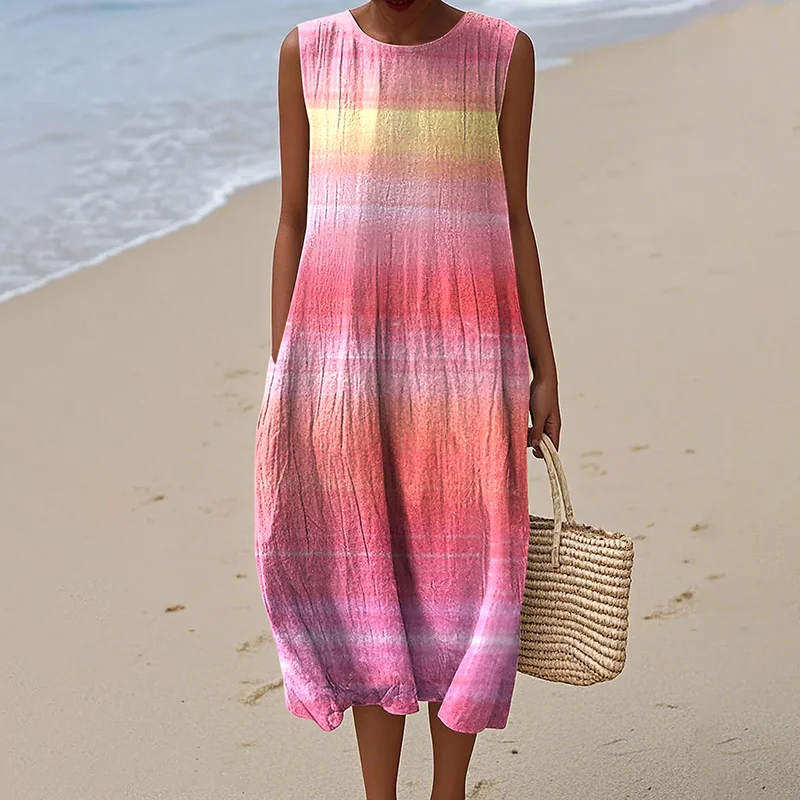 Women's Retro Cancer Awareness Ribbon Gradient Art Print Sleeveless Cotton Wrap Dress