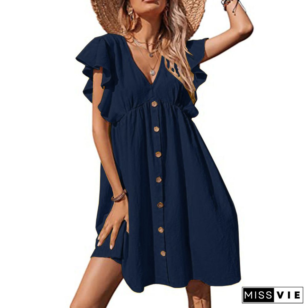 Women's Summer Dress Casual Fold V-Neck Button Fashion Plus Size Dress Linen
