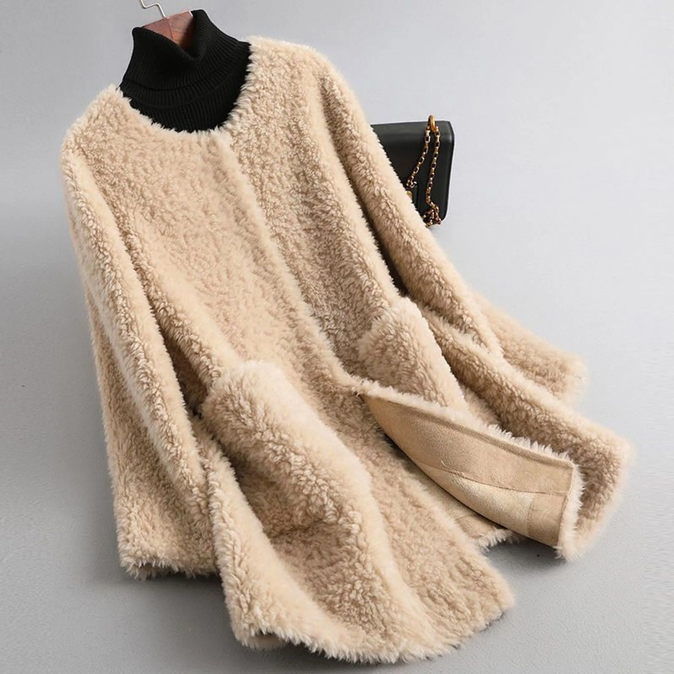 Women's Shearling Coat &ndash; Collarless Open-Front Teddy Layer