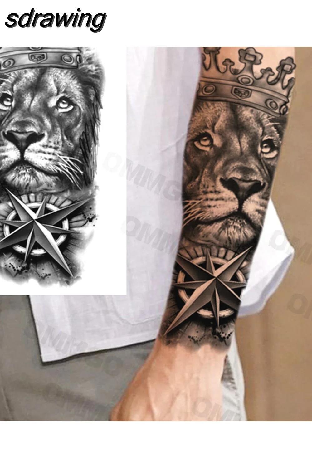 sdrawing Lion Rose Flower Temporary Tattoos For Women Adult Girl Compass Skull Fake Tattoo Arm Thigh Body Art Waterproof Tatoos