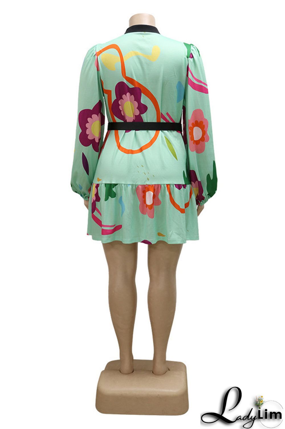 Green Fashion Casual Print Patchwork With Belt O Neck Long Sleeve Plus Size Dresses