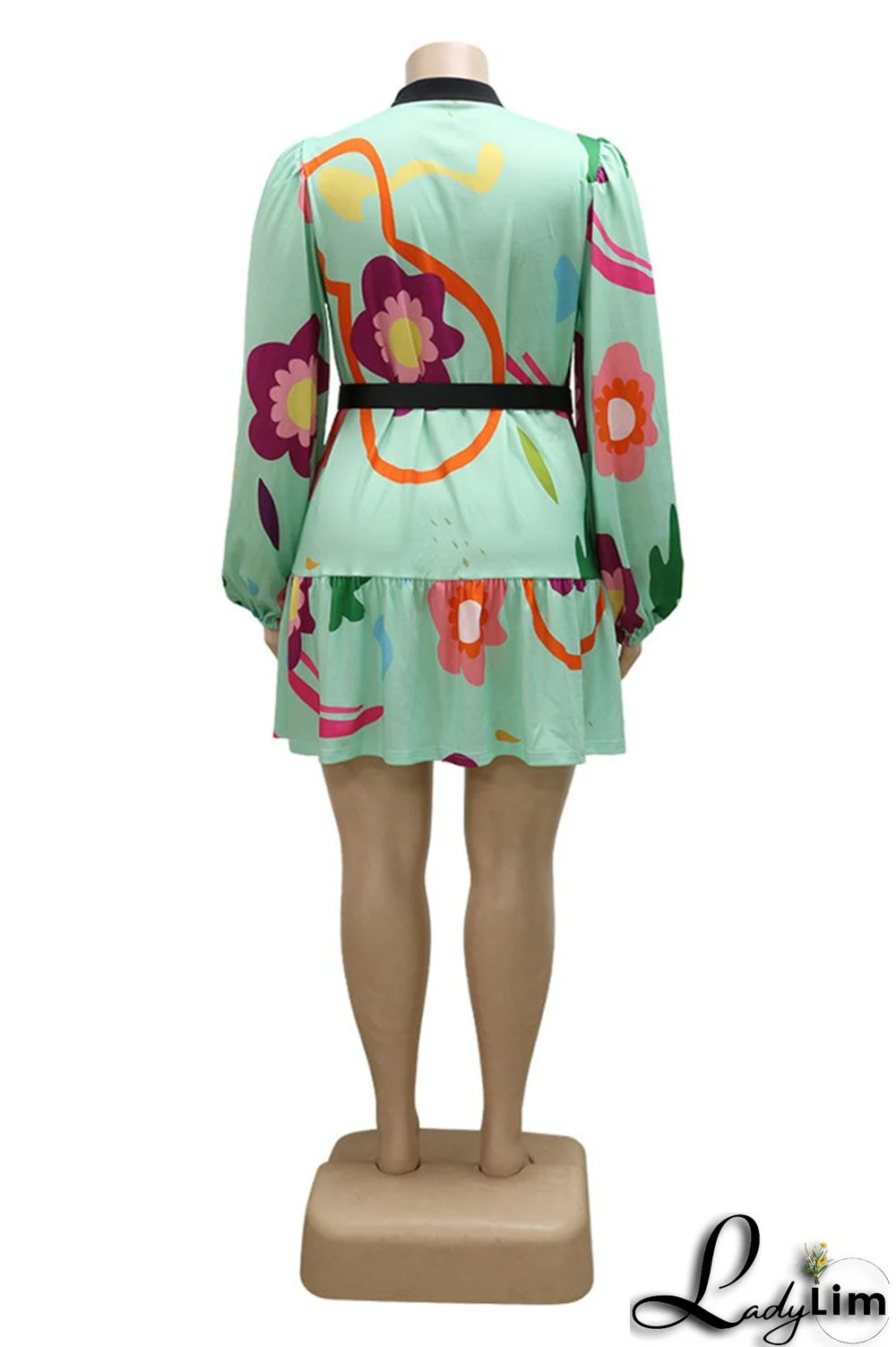 Green Fashion Casual Print Patchwork With Belt O Neck Long Sleeve Plus Size Dresses