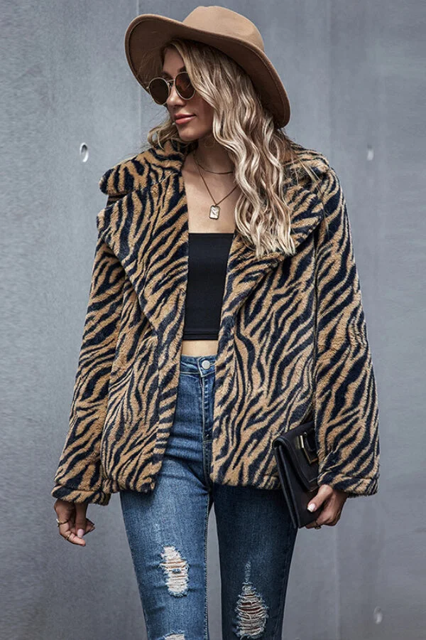 Fashion Tiger Stripe Pattern Lapel Coat