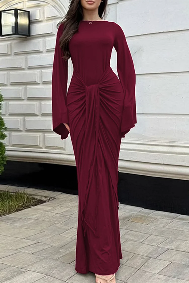 Round Neck Flare Sleeve Tie Up Streamer Solid Color Party Maxi Dresses