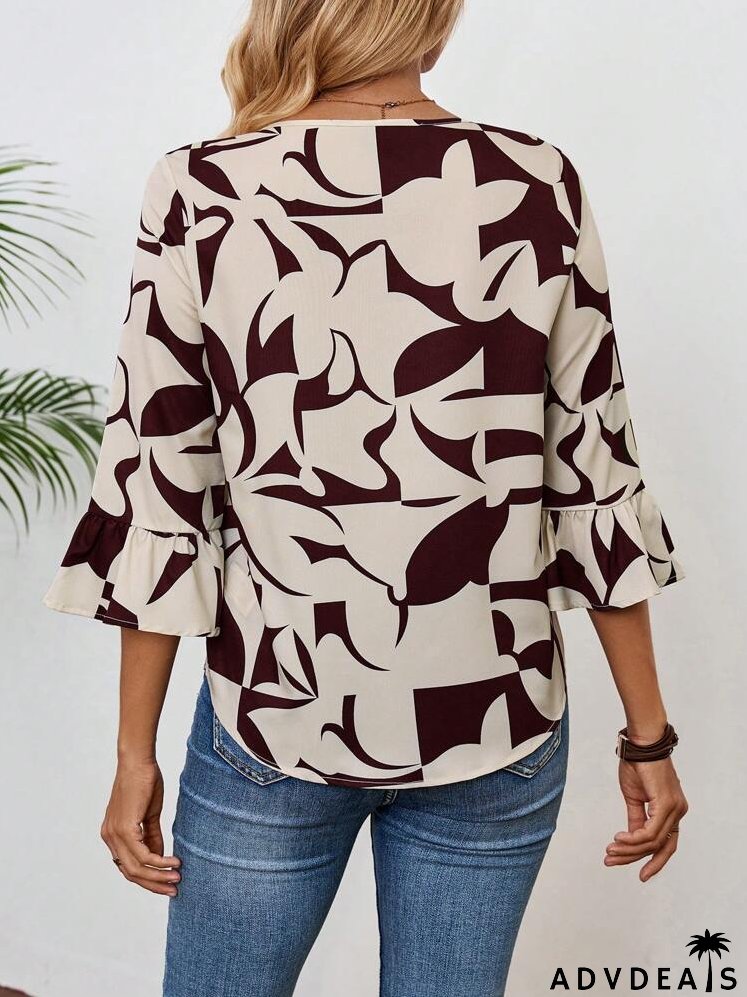 Women's Geometric Pattern Seven-Quarter Sleeve Round-Neck Shirt