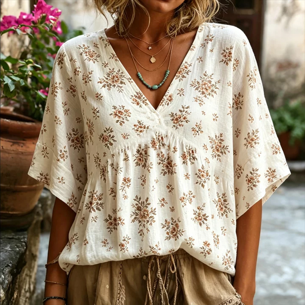 Comstylish Women's Floral Art Linen Blend V-neck Top