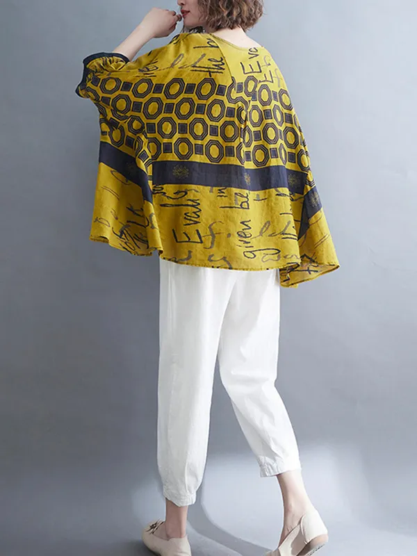Retro Floral Print Batwing Sleeves Loose-fitting Top