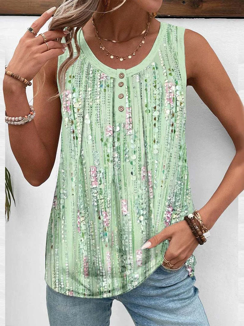 Women Sleeveless Scoop Neck Polka Dot Printed Graphic Button Tops