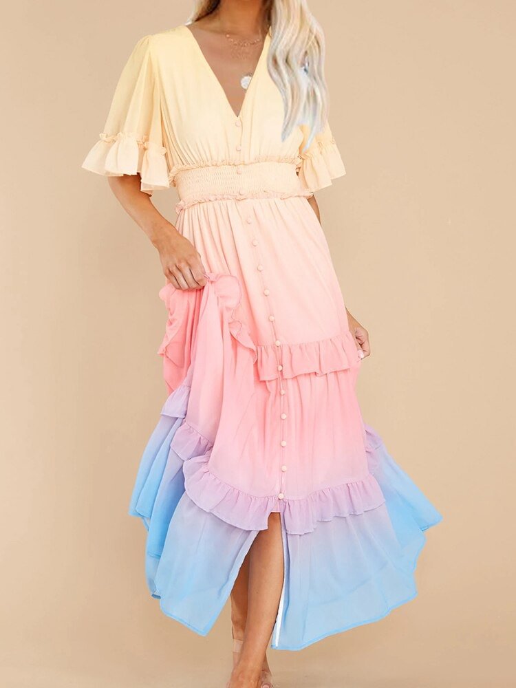 Women Sexy Button V Neck Ruffle Cake Dress Elegant Short Sleeve Gradient Party Dress Spring Summer Vacation Casual Long Dresses