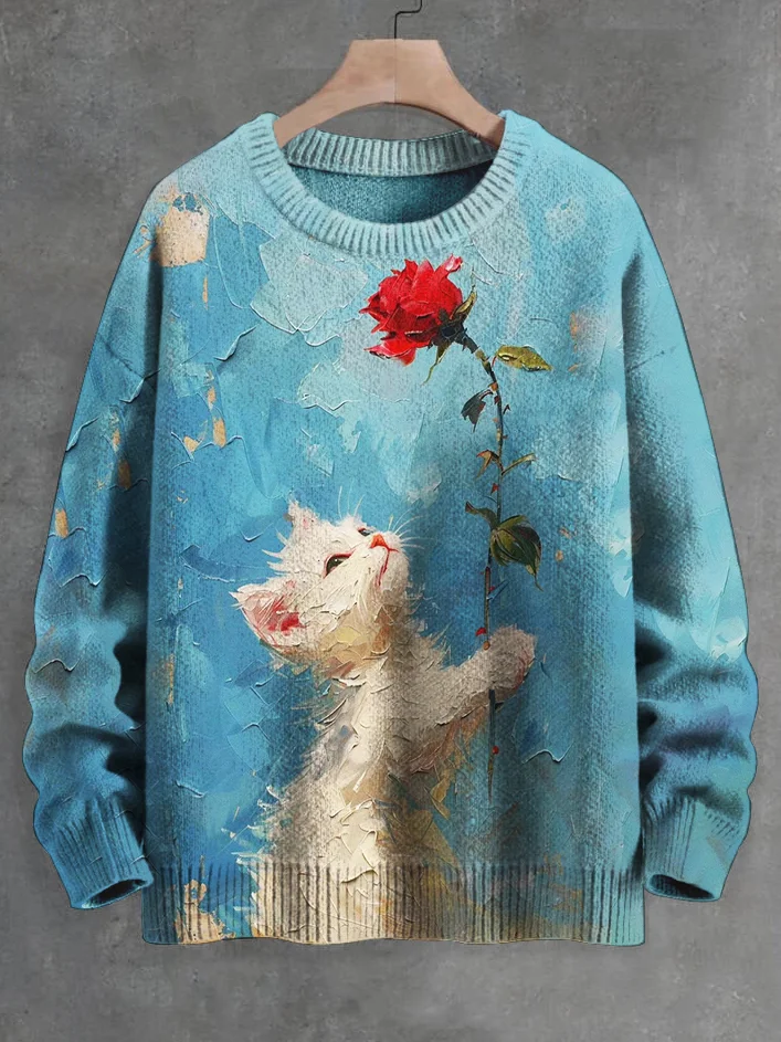 Men's Valentine's Day Cat and Rose Oil Painting Print Knit Sweatshirt