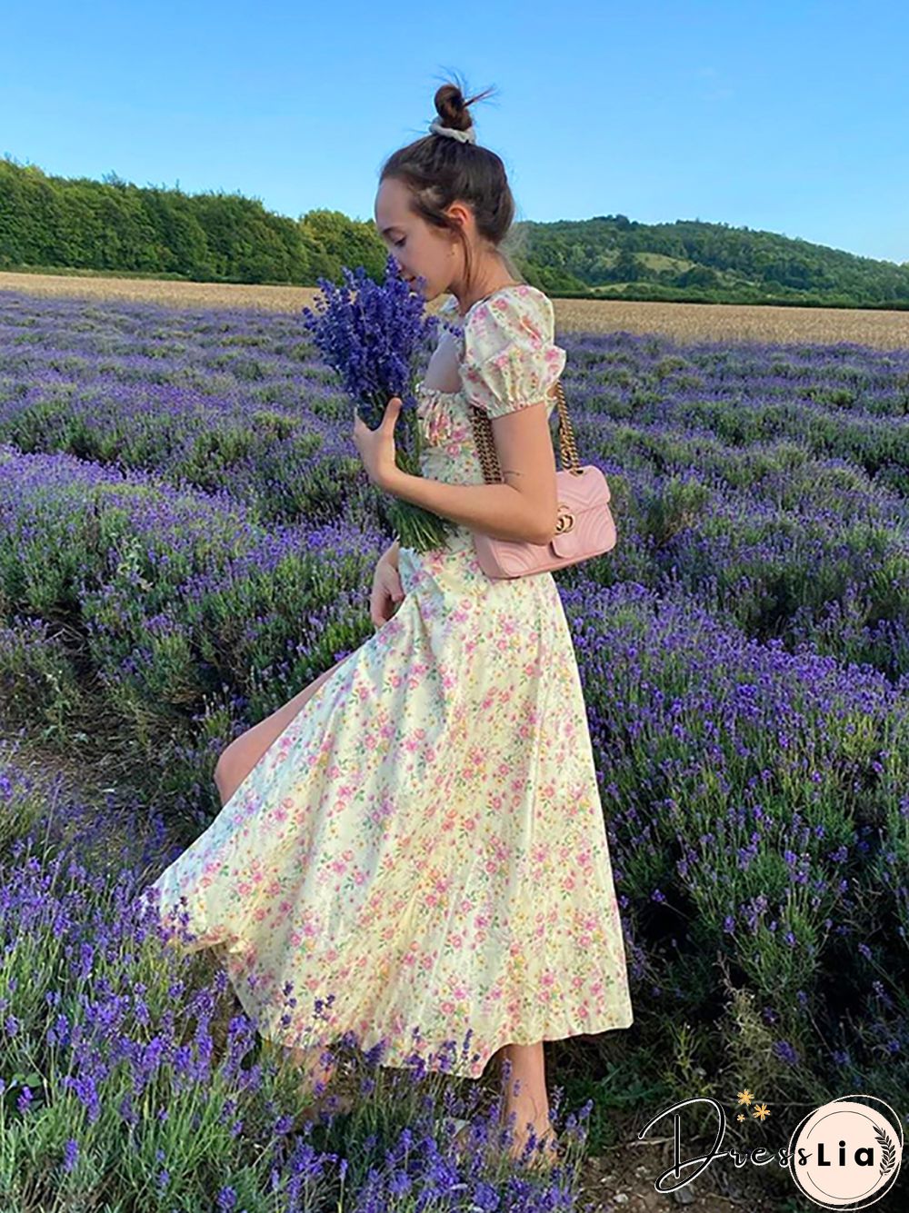 NewAsia Vintage Floral Dress Women Summer Square Collar Puff Sleeve Long Dress Sexy Off Shoulder Side Split A-line Dress