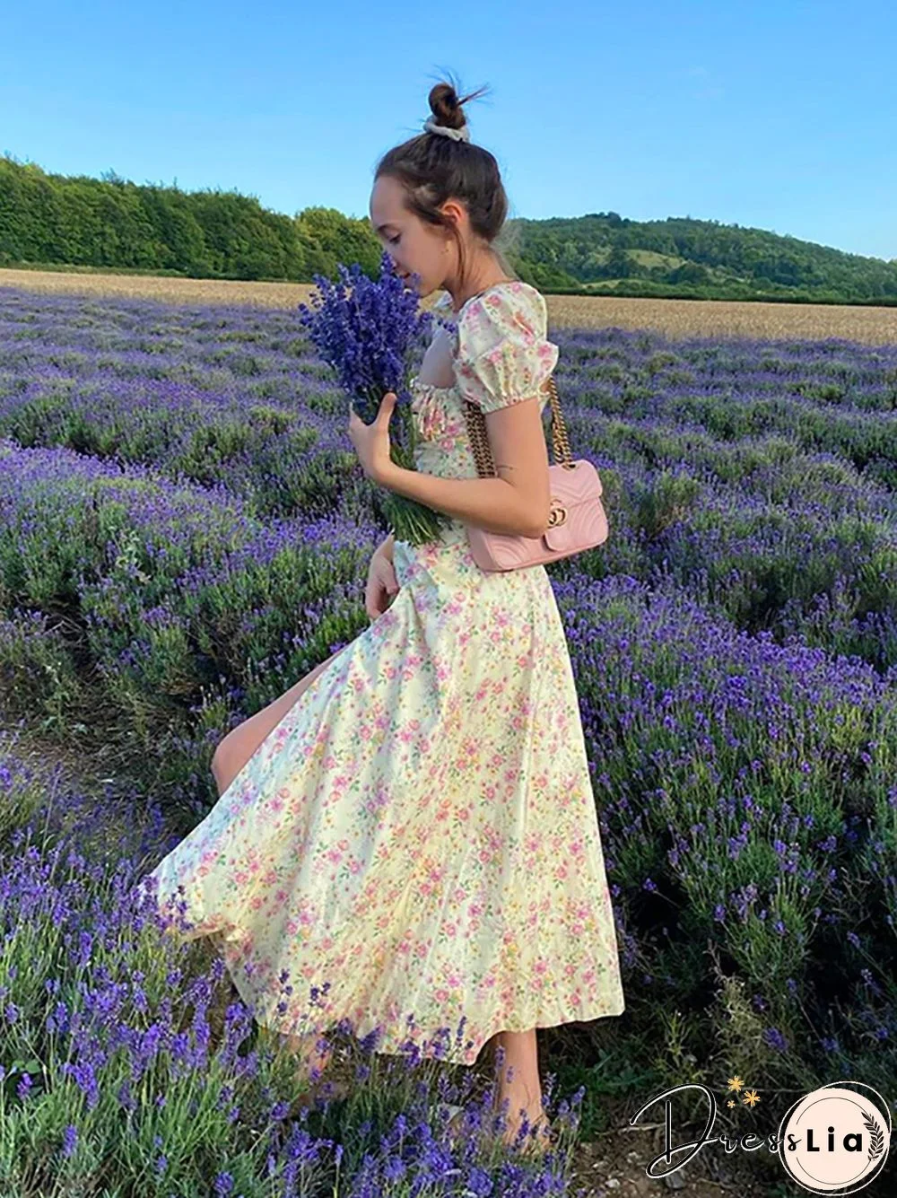 NewAsia Vintage Floral Dress Women Summer Square Collar Puff Sleeve Long Dress Sexy Off Shoulder Side Split A-line Dress