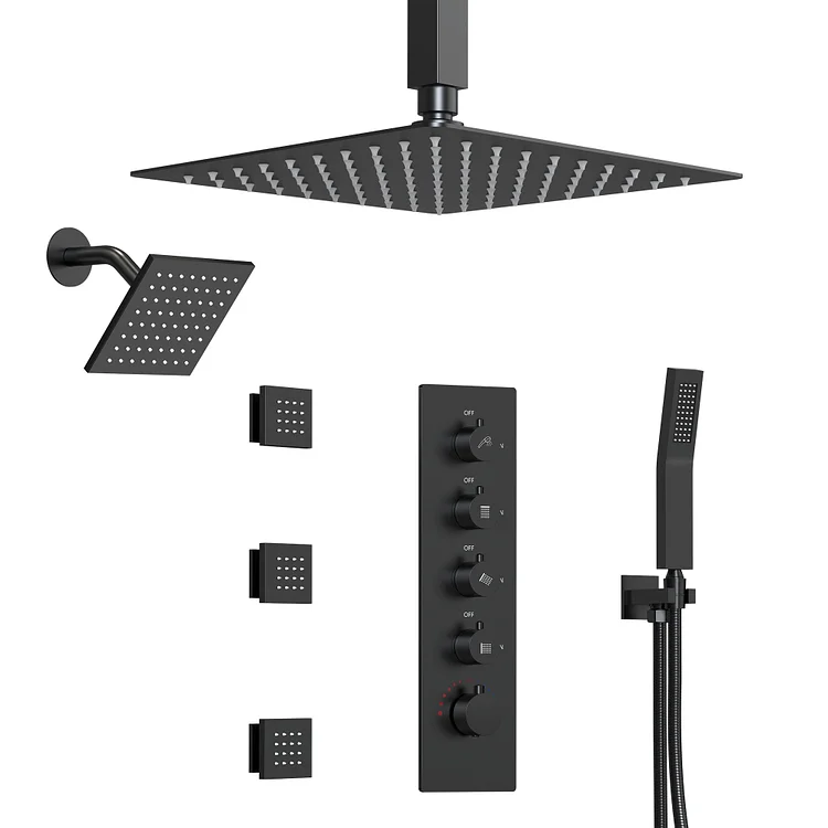 EVERSTEIN 4-in-1 Dual Shower Head Thermostatic Shower System Matte Black, 16 In.