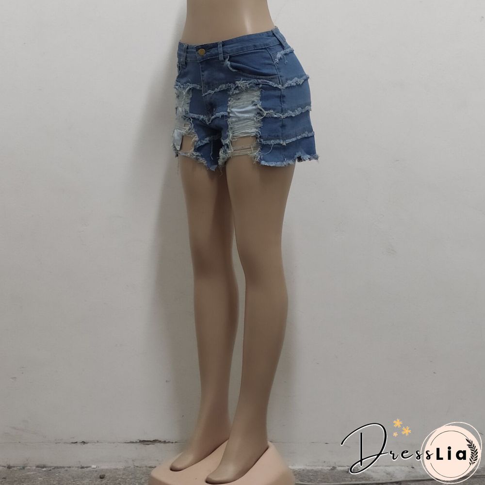 Summer Sexy Patchwork Women Ripped High Waist Holes Stretch Streetwear Plus Size Denim