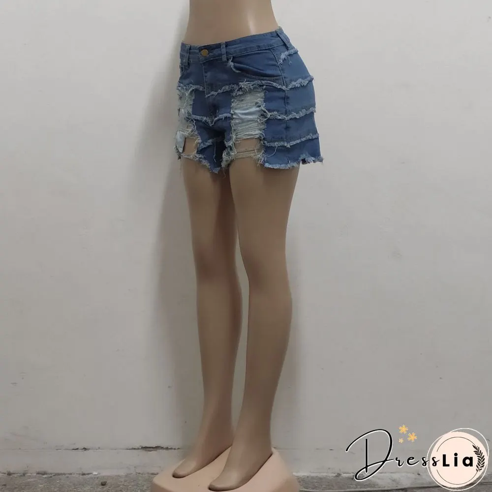Summer Sexy Patchwork Women Ripped High Waist Holes Stretch Streetwear Plus Size Denim