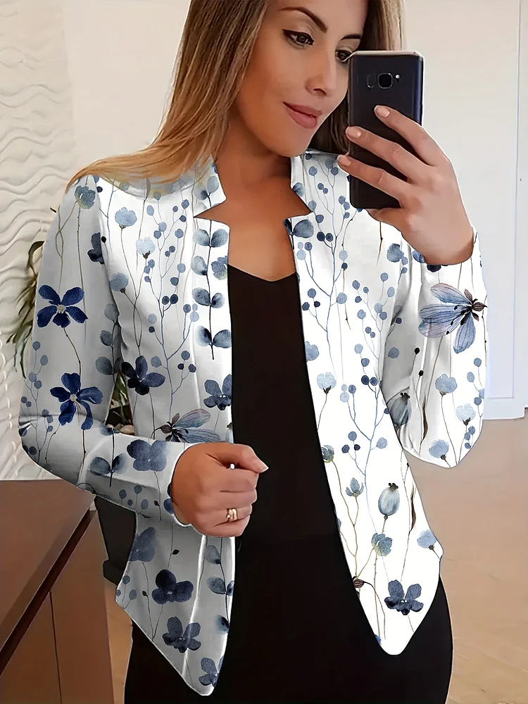 Women's Floral Print Cardigan - Blue Floral Print Blazer-Like Coat, Non-Buckle Front, Machine Washable Fall/Winter Jacket For Office, Party, Everyday Outfits - Elegant Women's Outerwear, Cute Cardigan, Party Accessory, Fall Fashion, Long Sleeve Design