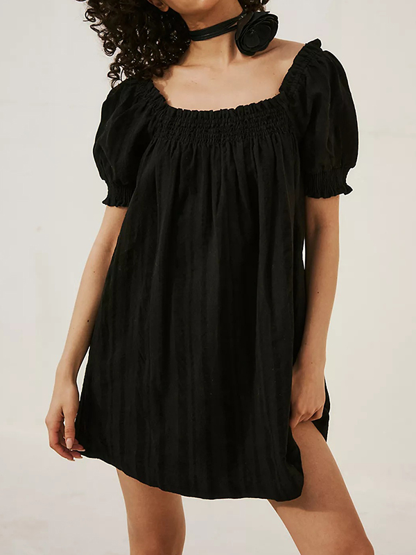 Puff Short Sleeve U Neck Solid Color Casual Mini Dress