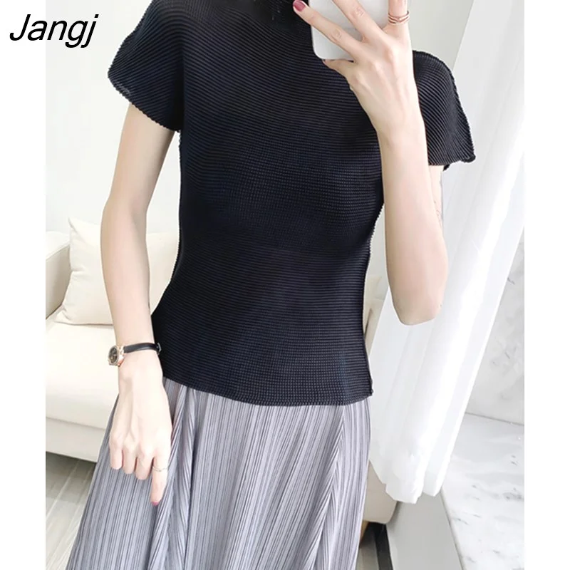 Jangj Women Pleated T-shirt Solid Color Skinny Pullover Turtleneck Short Sleeve Fashion Female Clothing 2023 Summer 2I398