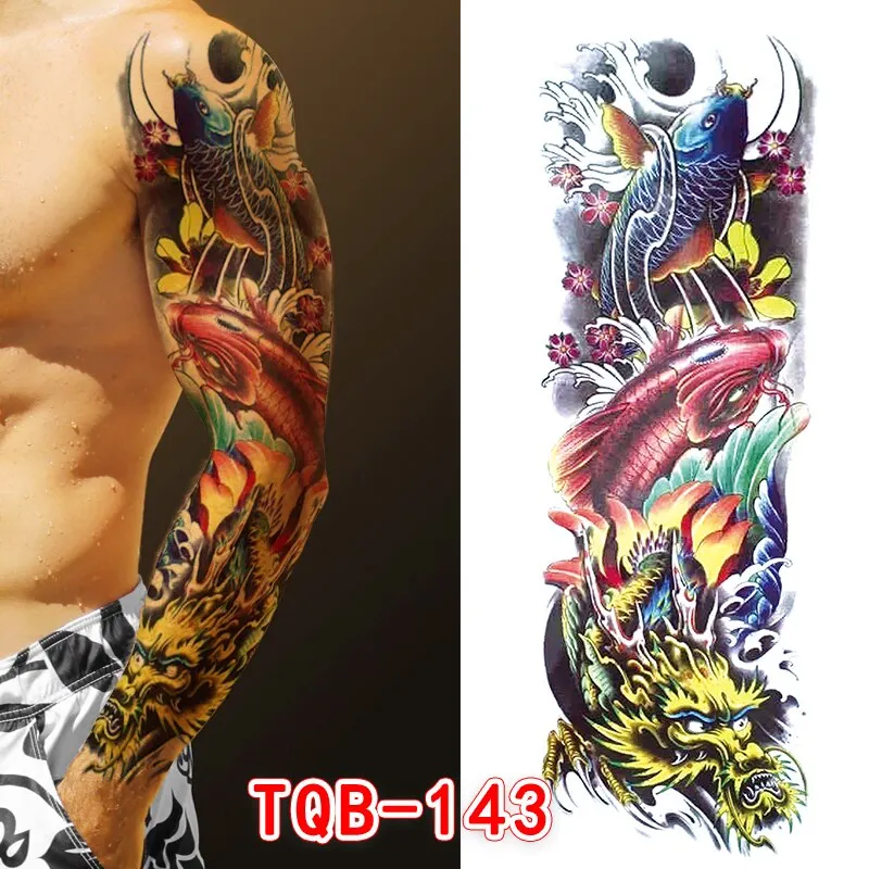 Sdrawing Men Temporary Tattoos Large Arm Sleeve Tattoo Sticker Dragon Tiger Fish Full Skull Totem Wolf Waterproof Fake Tattoo for Women
